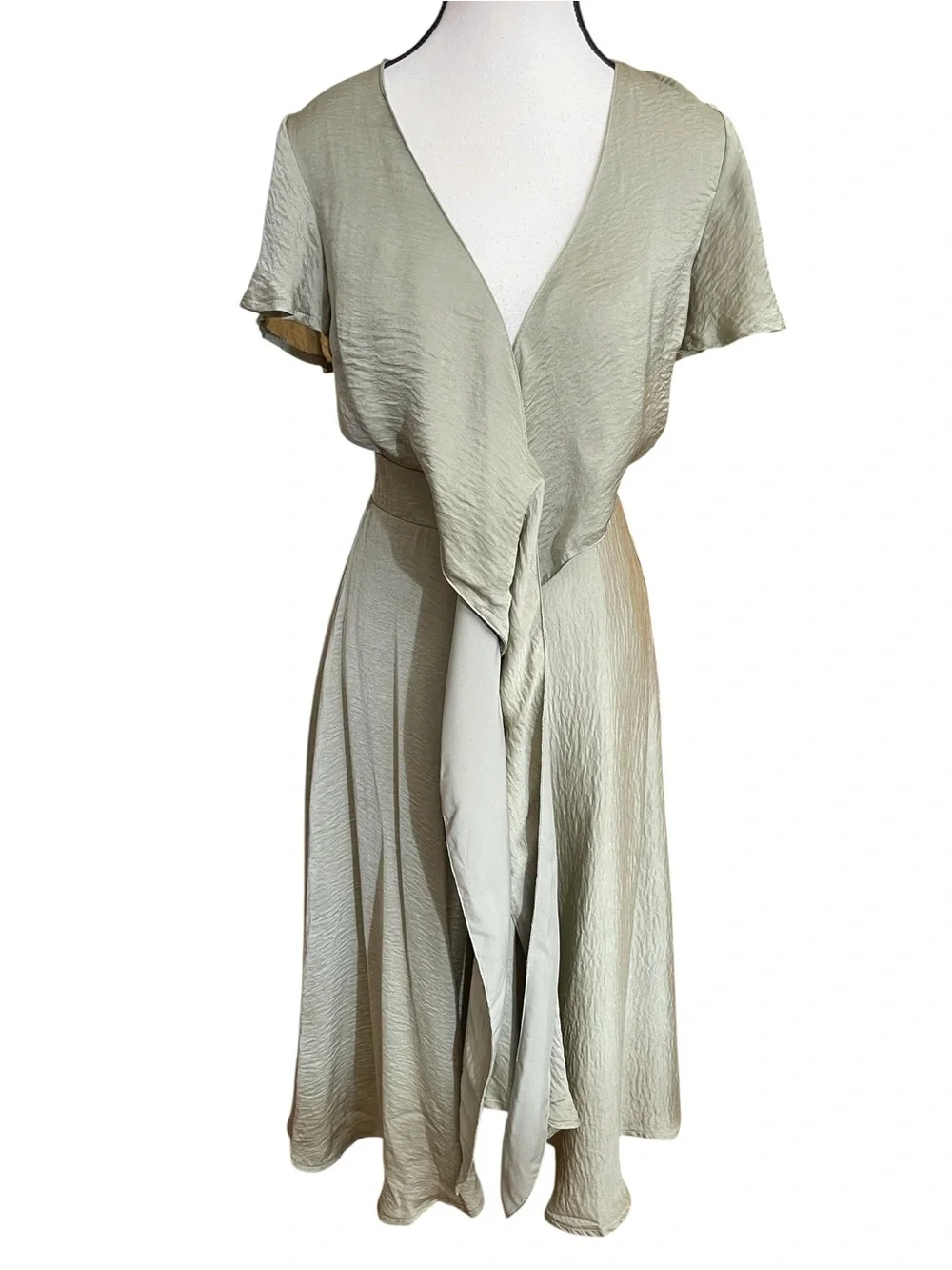 Satin‎ Wrap Midi Dress in Sage Green